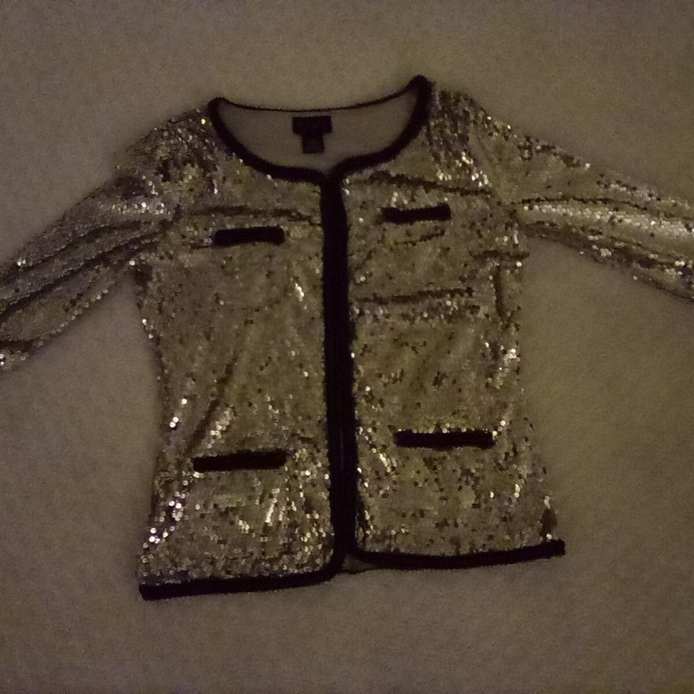 Iman Women Gold Sequin Brown Trim Evening Wear Jacket Medium Petite